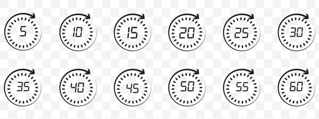 Wall Mural - Set of circular countdown timer icons from 5 to 60 minutes. Timer, clock, stopwatch and cooking time icon set. 5, 10, 15, 20, 25, 30, 35, 40, 45, 50, 55, 60 minutes. Isolated vector illustration