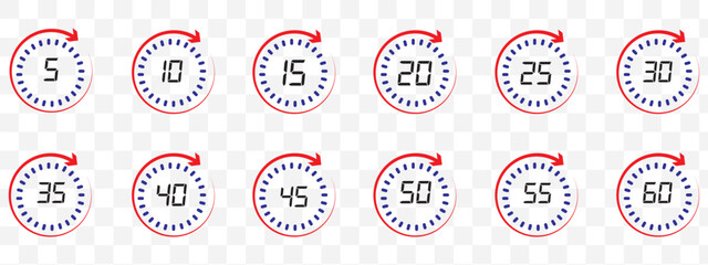 Wall Mural - Set of circular countdown timer icons from 5 to 60 minutes. Timer, clock, stopwatch and cooking time icon set. 5, 10, 15, 20, 25, 30, 35, 40, 45, 50, 55, 60 minutes. Isolated vector illustration