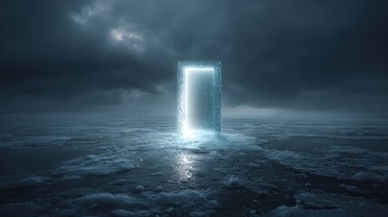 Canvas Print - Surreal encounter with a glowing door in a mystical landscape dreamlike environment ethereal viewpoint for creative exploration