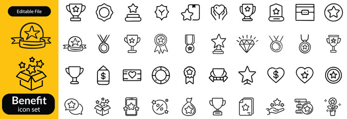 Benefit set of web icons in line style. Exclusive benefits linear icon collection. Containing reward, bonus, loyalty, star, winner, award, prize, incentive, reward and more. Editable stroke