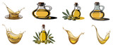 Organic extra virgin olive oil and vinegar in glass bottles with fresh spices,diffrent shape vof oil splash, isolated on transparent background