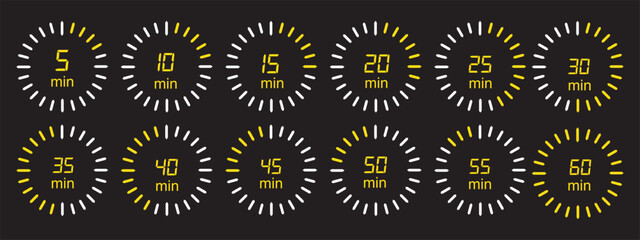 Wall Mural - Digital countdown timer icons from 5 to 60 second, circular progress bars in blue, vector design set. Timer and stopwatch icon set with digital numbers. Digital clock for time with second symbols.
