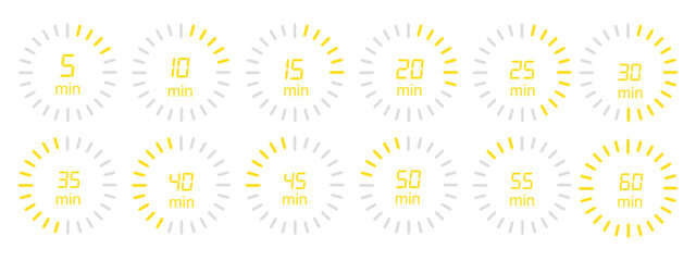Wall Mural - Digital countdown timer icons from 5 to 60 second, circular progress bars in blue, vector design set. Timer and stopwatch icon set with digital numbers. Digital clock for time with second symbols.