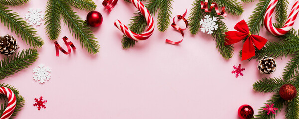 Wall Mural - Christmas background with fir branches and Christmas decor. Top view, copy space for text