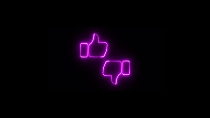 Neon like or dislike icon on black background. Neon shiny outline like-dislike sign animation.