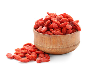 Wall Mural - Wooden bowl with red dried goji berries on white background