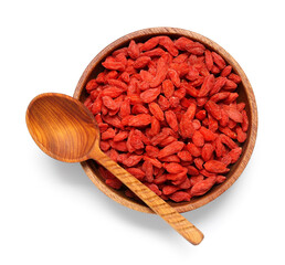 Wall Mural - Wooden bowl with red dried goji berries on white background