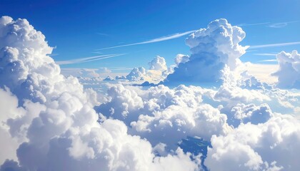 Wall Mural - High white cumulus clouds drift over the blue mountain landscape in the clear day air