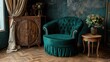 © P.G - Luxurious velvet armchair in an elegant vintage interior showcasing rich textures, deep colors, and stunning decorative elements for stylish home decor inspiration