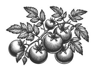 Wall Mural - tomato plant with ripe fruits and leaves, symbolizing gardening, organic farming, and healthy natural food sketch engraving generative ai vector illustration. Scratch board imitation. Black and white.