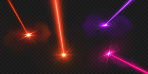 Wall Mural - Bright laser beam effects with red, pink and purple light rays on transparent bg for futuristic design. Glowing star flares with neon streaks. Energy burst set for sci-fi or technology graphics.