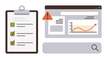 Wall Mural - Checklist clipboard, search bar, browser window with graph, and warning alert. Ideal for productivity, organization, planning, data tracking, problem solving risk management simple flat metaphor