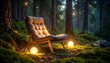 © sabrang - Cozy armchair illuminated by glowing orbs in a magical forest at twilight, creating a serene and enchanting ambiance