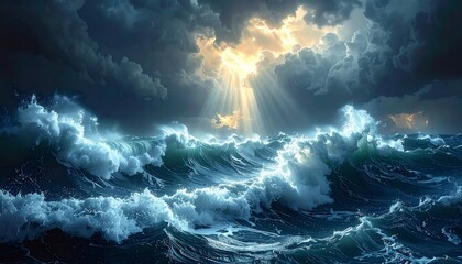 Wall Mural - Dark, stormy ocean waves crash under a dramatic, cloudy sky