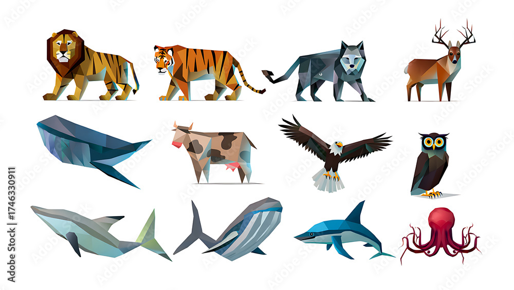 A collection of low poly 3D models of various wild animals from around ...