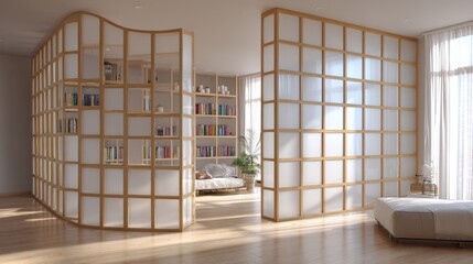 Wall Mural - Modern japanese-inspired interior design with bamboo partitions and minimalist decor