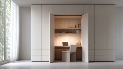 Wall Mural - Modern minimalist home office design with hidden workspace in cabinet