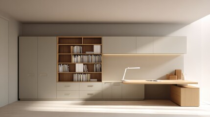 Wall Mural - Modern minimalist home office design with wooden desk and ample storage