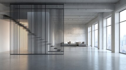 Wall Mural - Modern minimalist interior with floating staircase in urban loft