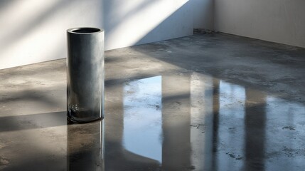 Wall Mural - Contemporary minimalist interior with reflective concrete floor and cylindrical sculpture