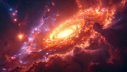 Wall Mural - Dramatic fire-orange sunset cloudscape with abstract red light and smoke in the evening sky