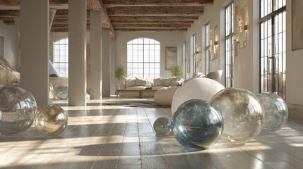 Wall Mural - Modern loft interior with sunlit living room and decorative spheres