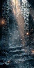 Wall Mural - Dark, narrow passage with a staircase leading down. The staircase is covered in smoke and the air is thick with it
