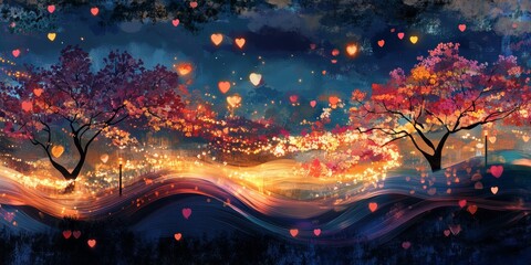 Wall Mural - Painting of a forest with trees and a river. The trees are orange and red, and there are many hearts scattered throughout the painting