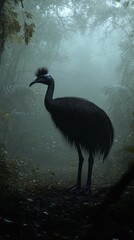 A large black bird with a large head and long neck stands in a forest. The bird is surrounded by trees and leaves, giving the impression of a dark and mysterious atmosphere