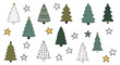 © Mugi - Whimsical collection of hand-drawn Christmas trees and sparkling stars, perfect for festive winter season designs, holiday greetings, and decorative patterns