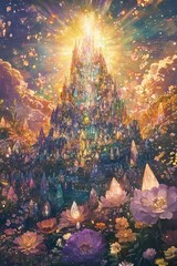 Wall Mural - A colorful, fantastical scene with a large, multi-colored tower in the center