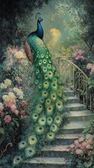 Wall Mural - A painting of a peacock standing on a staircase in a garden