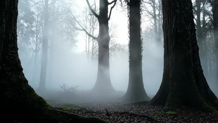 Wall Mural - Dense morning fog drifts and swirls silently through a mystical, ancient forest in slow motion abstract, natural beauty, subtle