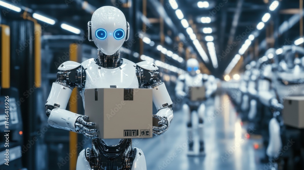 Humanoid robots working in automated factory carrying boxes ...