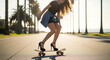 © Rakib - Young woman in high heels and denim skirt skateboarding down a palm tree lined street