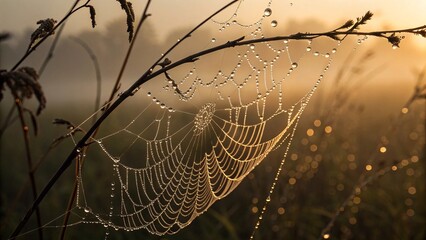 Morning mist and dew drops adorn a delicate spiderweb on a thin branch against the golden sunrise light
