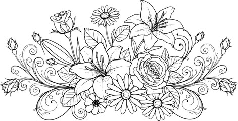  Hand drawn flowers, vector illustration. Floral vintage sketch.