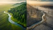 © Zargham - River dividing green forest and dry barren land showing climate change impact