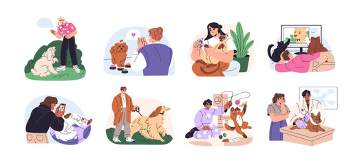 Wall Mural - Set of owners with their pets. People love domestic animals. Men and women walk dogs, trim cat claws, training, take photo and care in vet. Flat isolated vector illustrations on white background.