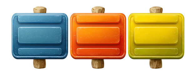 Colorful Isolated Signs with Wooden Handles on Transparent Background