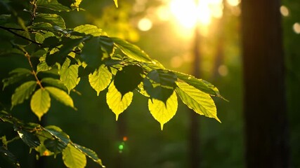 Wall Mural - Lush green leaves backlit by golden hour sunlight, swaying gently in a serene forest setting golden hour sunlight, cinematic, outdoors