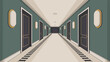 © Abdul - A long hallway with doors and lights on the walls leading to a dark end with a light floor