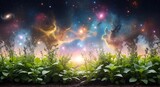 Celestial crops vibrant green vegetation beneath the mystical cosmic sky full of stars and colorful nebula landscapes