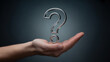 © smth.design - Open human hand presenting a metallic question mark symbolizing curiosity, uncertainty, innovation, and decision making in business context