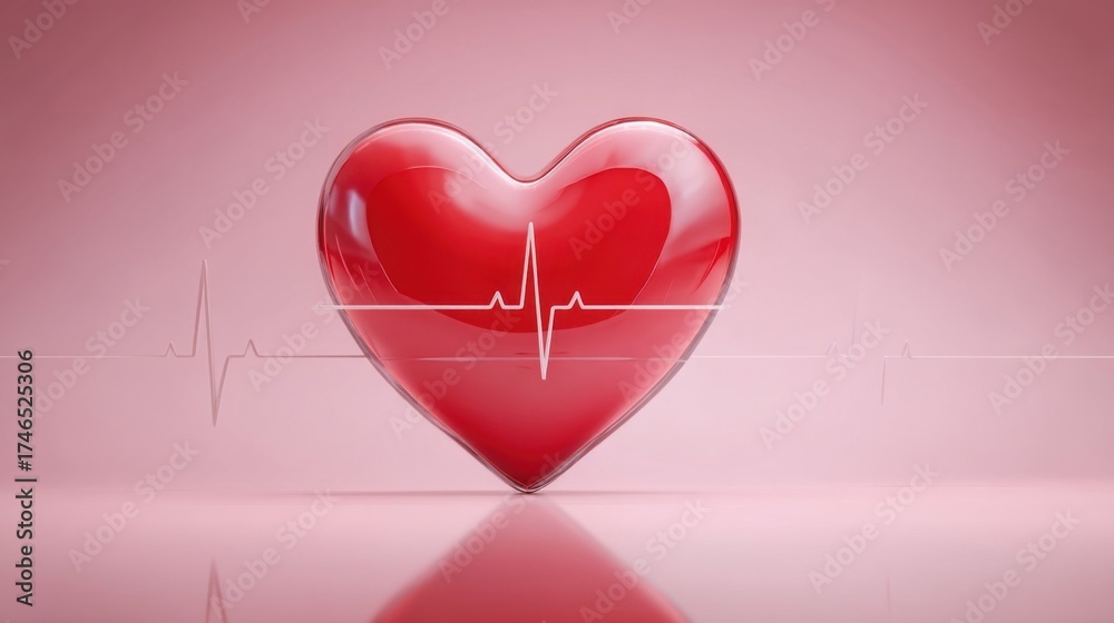 A glossy red heart icon centered on a vibrant pink background with a ...