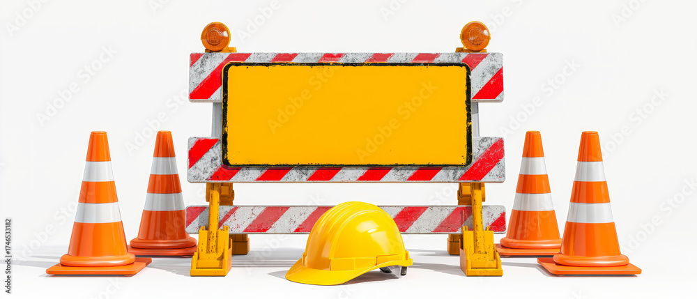 Construction Sign Rendering Realistic 3D rendering of construction sign with traffic cones and ...