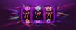 © Igor - Slot machine with neon gaming symbols on a bright background. Mega slots casino banner. Vector illustration.