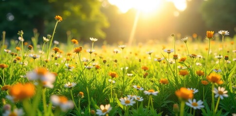 Wall Mural - A sprawling meadow bursting with wildflowers, sunlight dappling through tall grasses Perfect for idyllic, nature-themed projects Peaceful, serene summer scene , countryside, day, nature