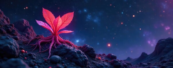 Wall Mural - A vibrant, bioluminescent plant thrives in the vast expanse of space, its roots anchoring it to an asteroid Cosmic dust illuminates its otherworldly flora , interstellar, cosmic, space plant
