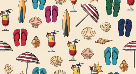 Seamless pattern of colorful summer items cocktails, flip-flops, surfboards, seashells, umbrellas